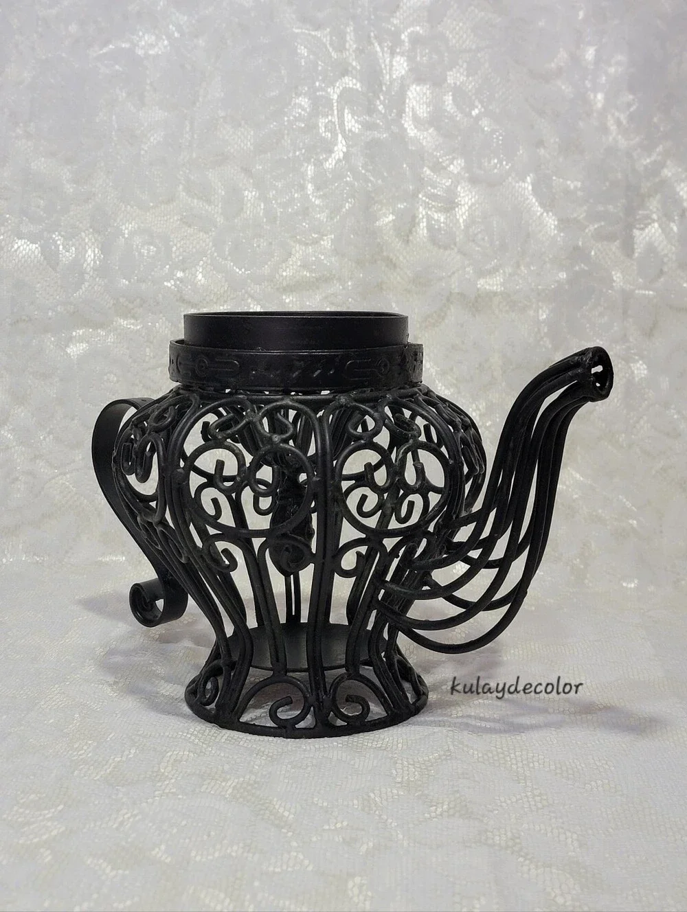 Filigree Style Wrought Iron Teapot Lantern Candle Holder Black Scroll Home Decor